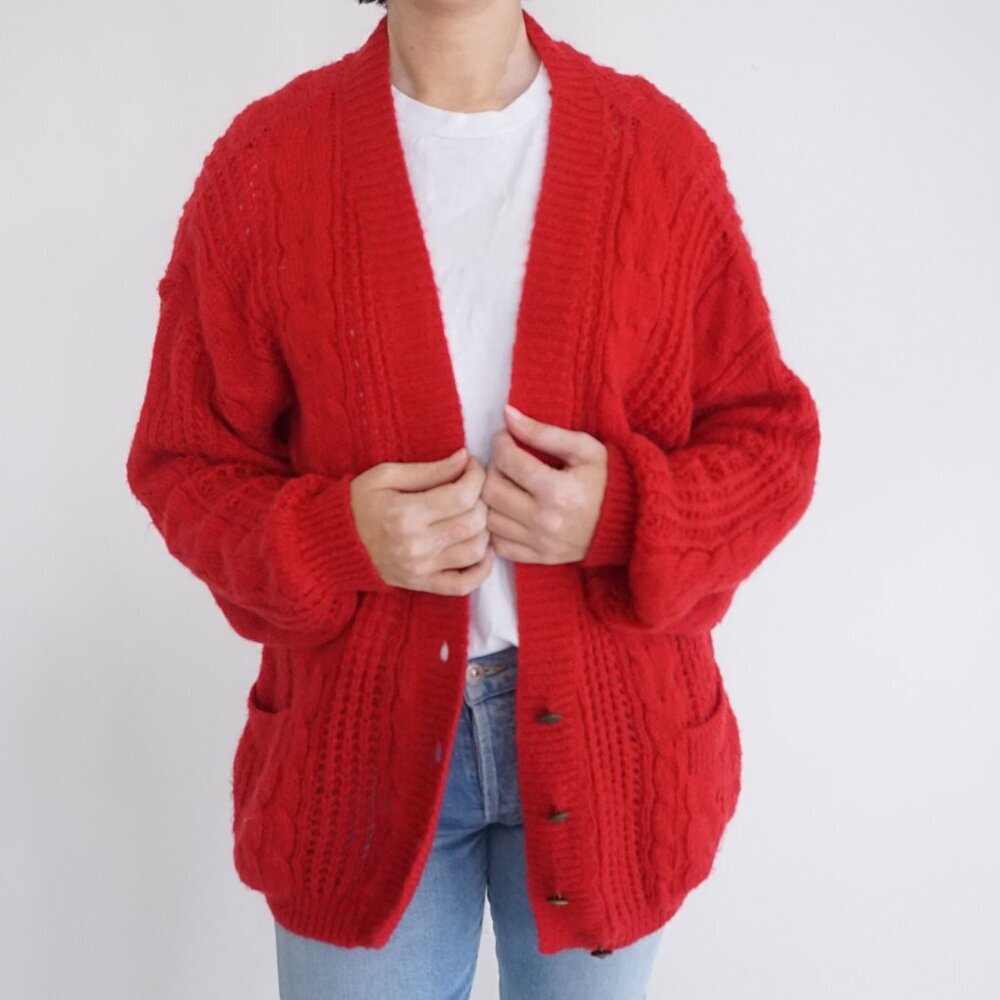 Red Cable Knit Button-Front Cardigan Sweater - Picture 2 of 10